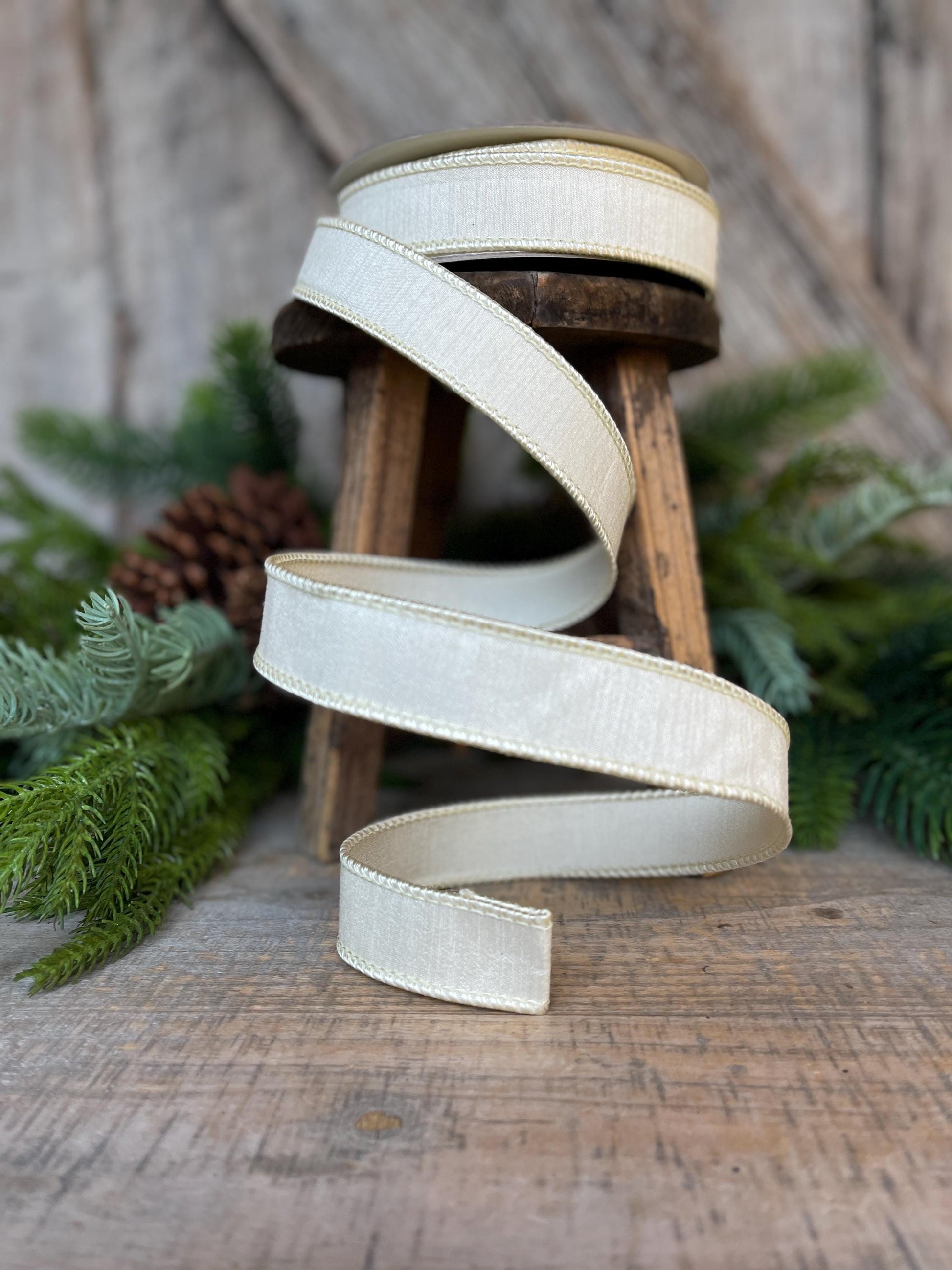 1" Cream Dupion Ribbon, Farrisilk Ribbon, Wired Ribbon