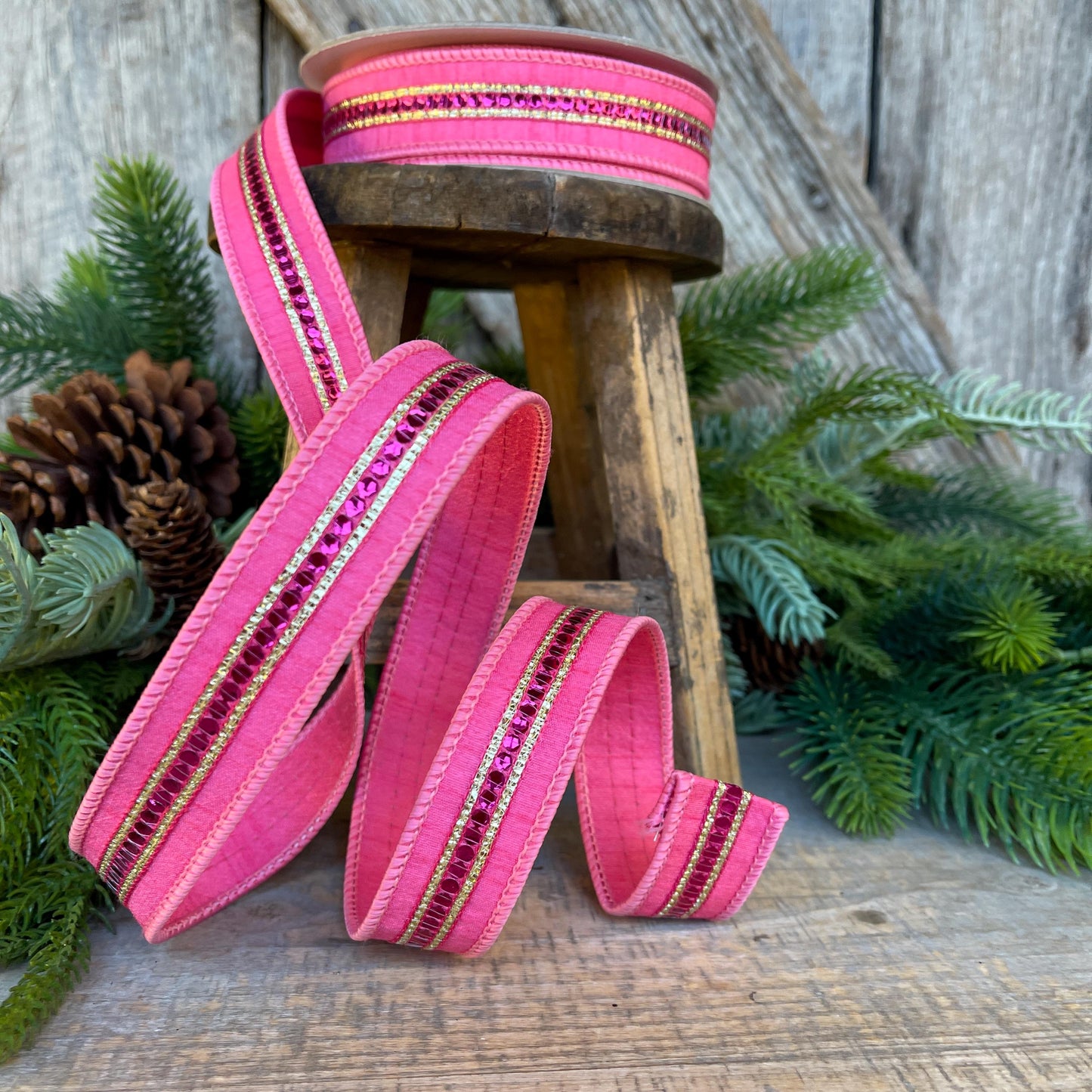 1" Pink Twinkle Trim Ribbon, Farrisilk ribbon, Pink Jeweled RIbbon, Bubblegum Pink Ribbon, Pink Christmas Ribbon, Designer RIbbon, RK756-74