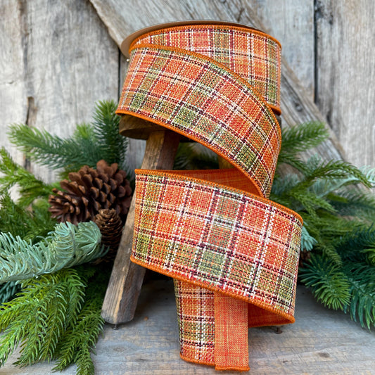 2.5" Fall Plaid Ribbon, Farrisilk Ribbon, Autumn Tweed Ribbon, Orange Plaid Ribbon, Wired Ribbon, RS252-52