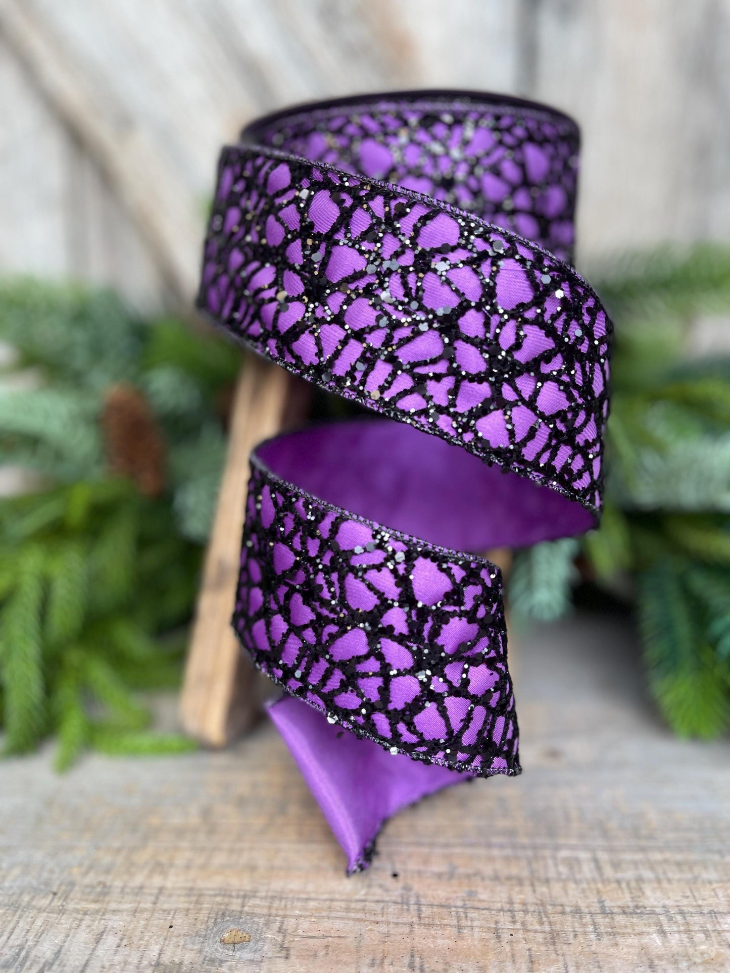 2.5" Purple Black Glitzy Web Ribbon, Farrisilk Ribbon, Halloween RIbbon