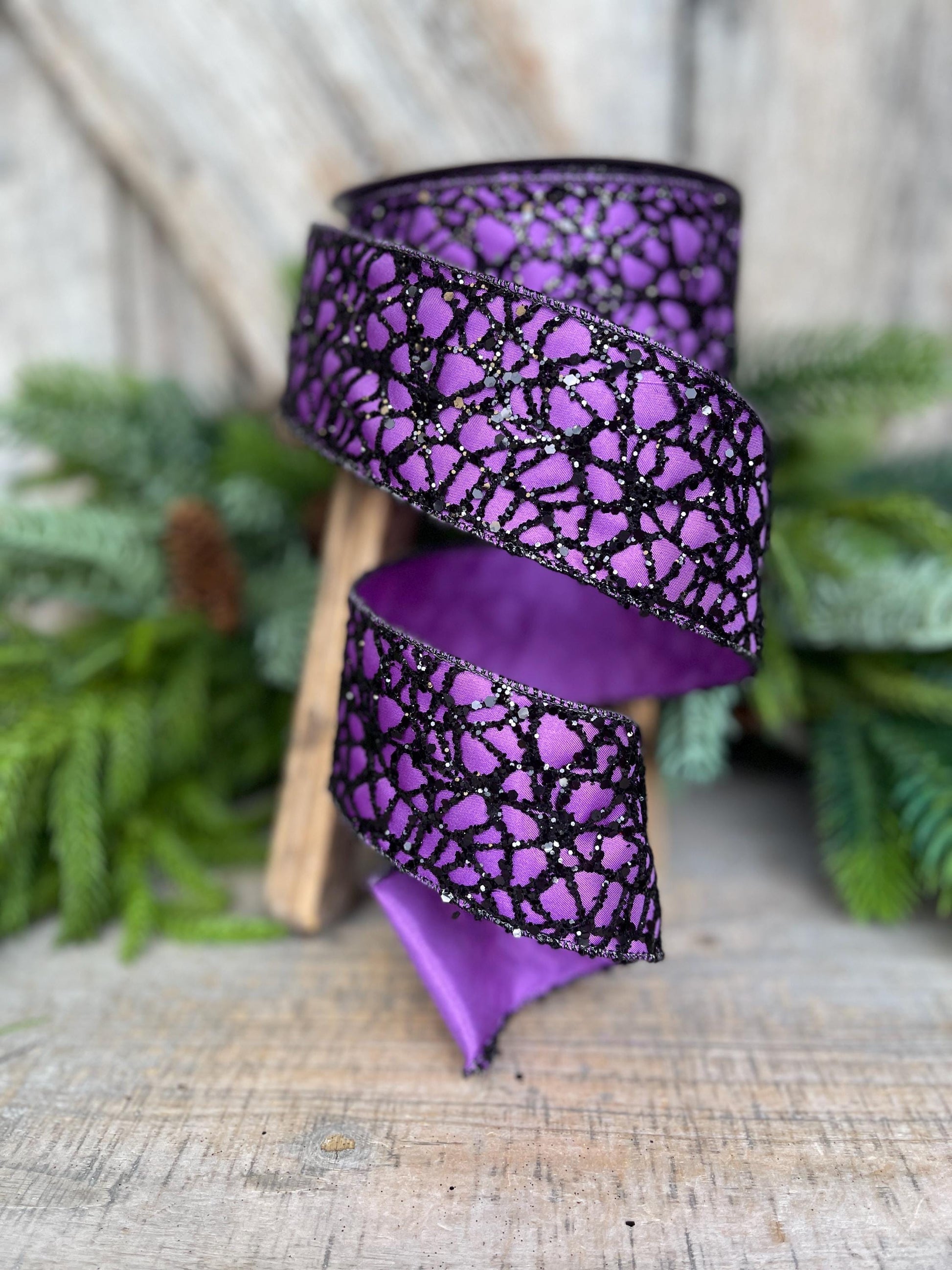 2.5" Purple Black Glitzy Web Ribbon, Farrisilk Ribbon, Halloween RIbbon, SPider Web Ribbon, Designer Ribbon, Wired RIbbon, RS105-86