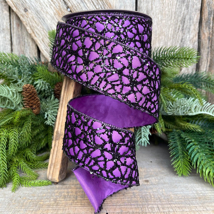2.5" Purple Black Glitzy Web Ribbon, Farrisilk Ribbon, Halloween RIbbon