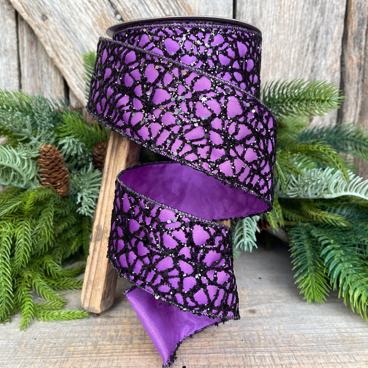 2.5" Purple Black Glitzy Web Ribbon, Farrisilk Ribbon, Halloween RIbbon