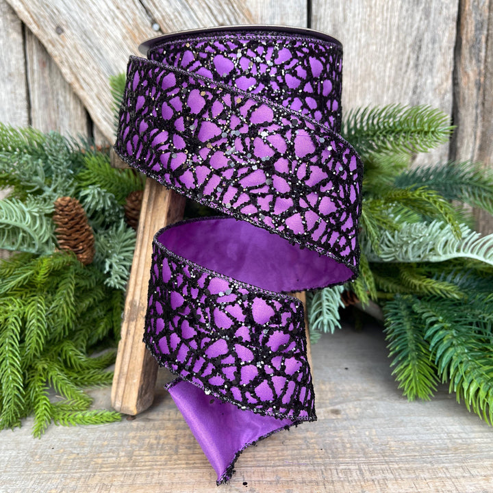 2.5" Purple Black Glitzy Web Ribbon, Farrisilk Ribbon, Halloween RIbbon