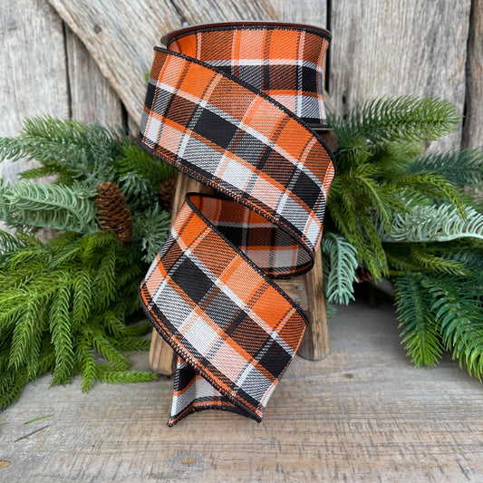 2.5" Fall Halloween Plaid RIbbon, WIred RIbbon, ORange BLack Ribbon, Farrisilk Ribbon, Pumpkin Prep Ribbon, RS261-87