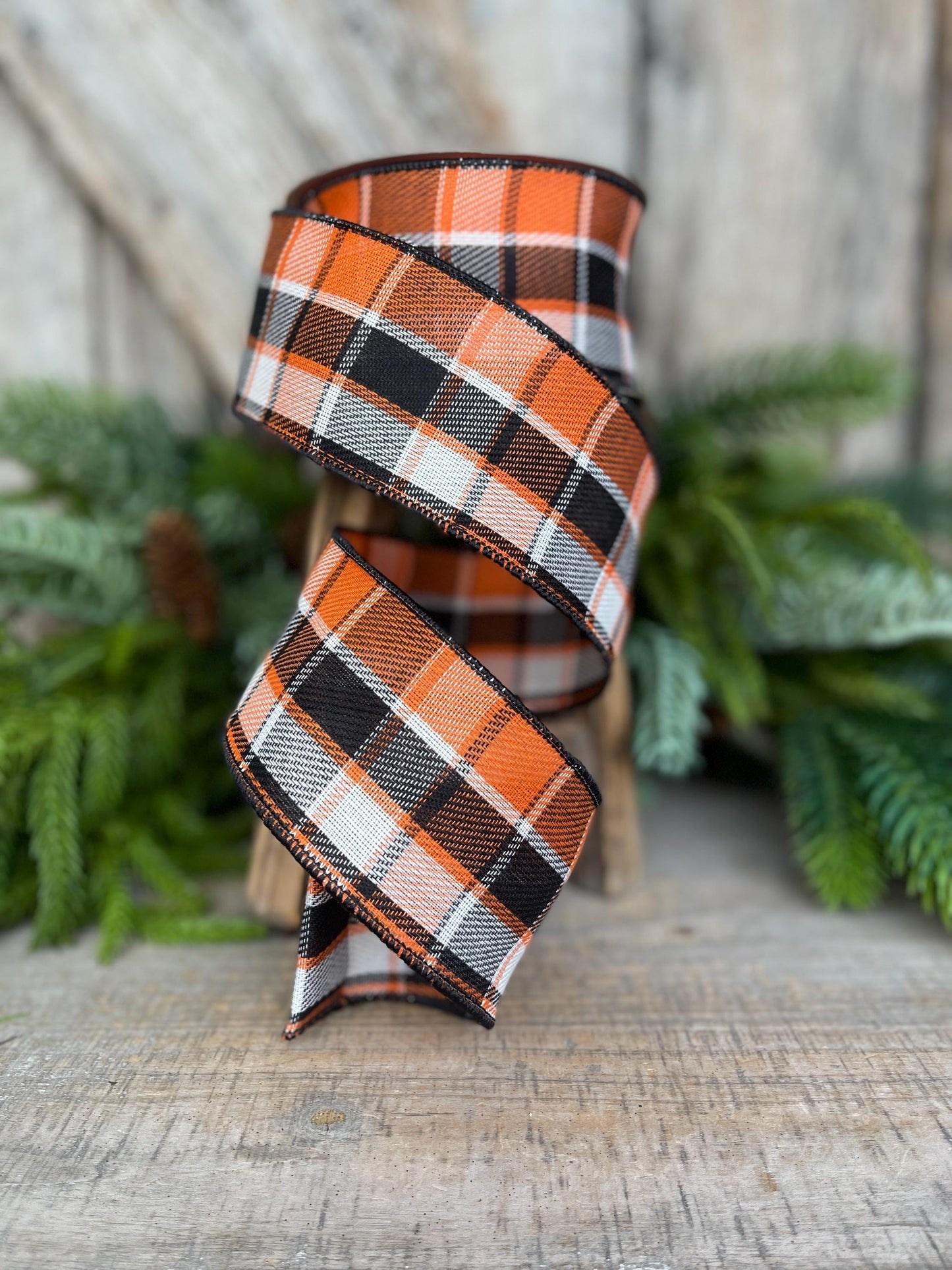 2.5" Fall Halloween Plaid RIbbon, WIred RIbbon, ORange BLack Ribbon