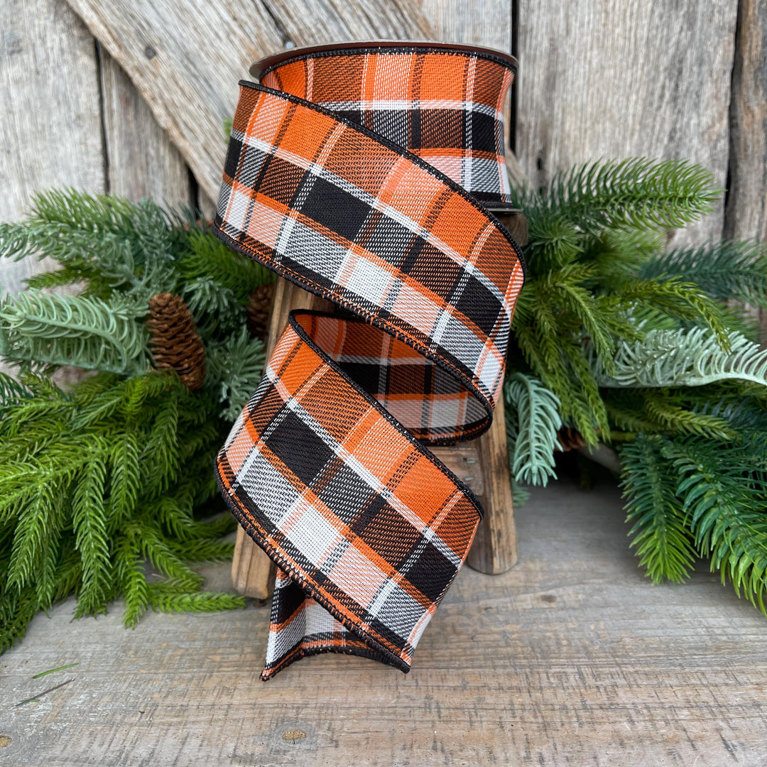 2.5" Fall Halloween Plaid RIbbon, WIred RIbbon, ORange BLack Ribbon