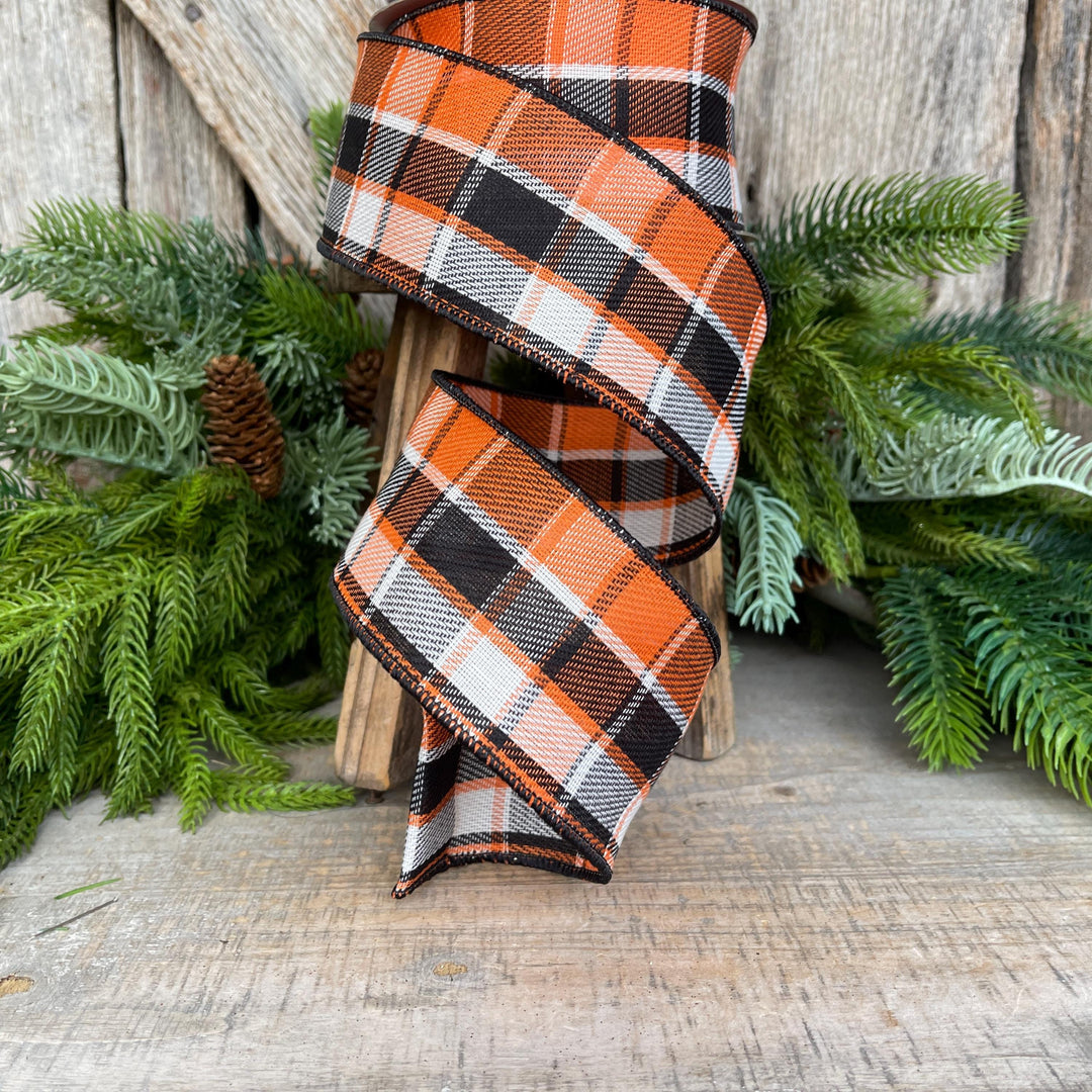 2.5" Fall Halloween Plaid RIbbon, WIred RIbbon, ORange BLack Ribbon