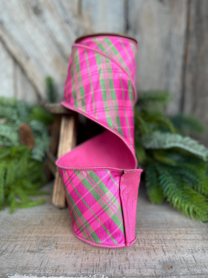 4" Pink and Green Bias Plaid RIbbon, Preppy Ribbon, Bubblegum Pink Plaid Ribbon