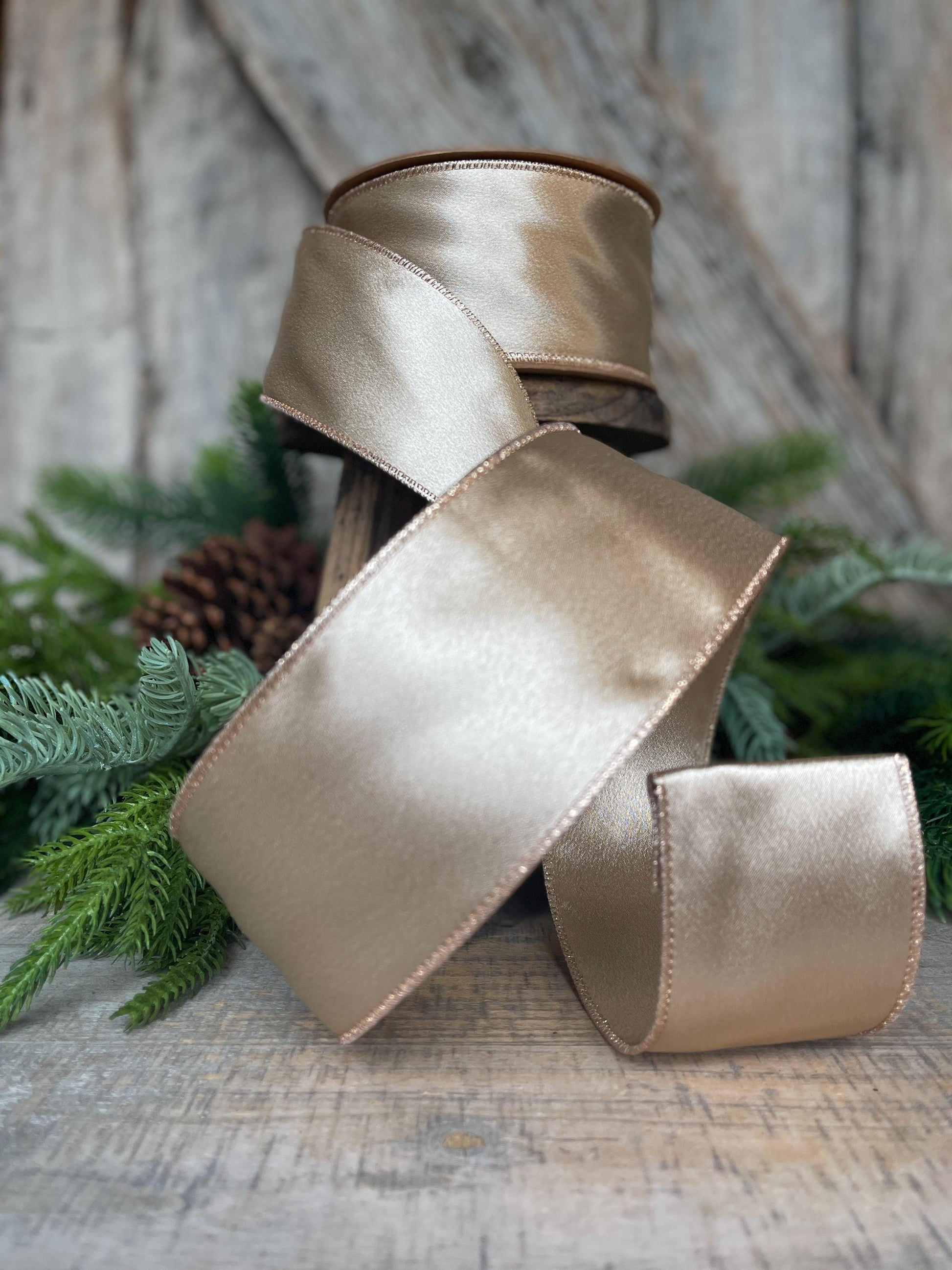 2.5" Gold Satin Ribbon, Christmas Ribbon, Shimmer Satin Ribbon, Wired Ribbon, Gold Ribbon
