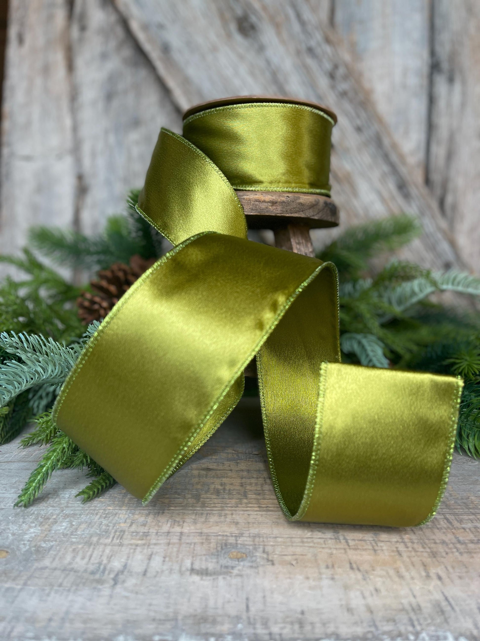 2.5" Moss Satin Ribbon, Christmas Ribbon, Shimmer Satin Ribbon, Wired Ribbon, Moss Green Ribbon