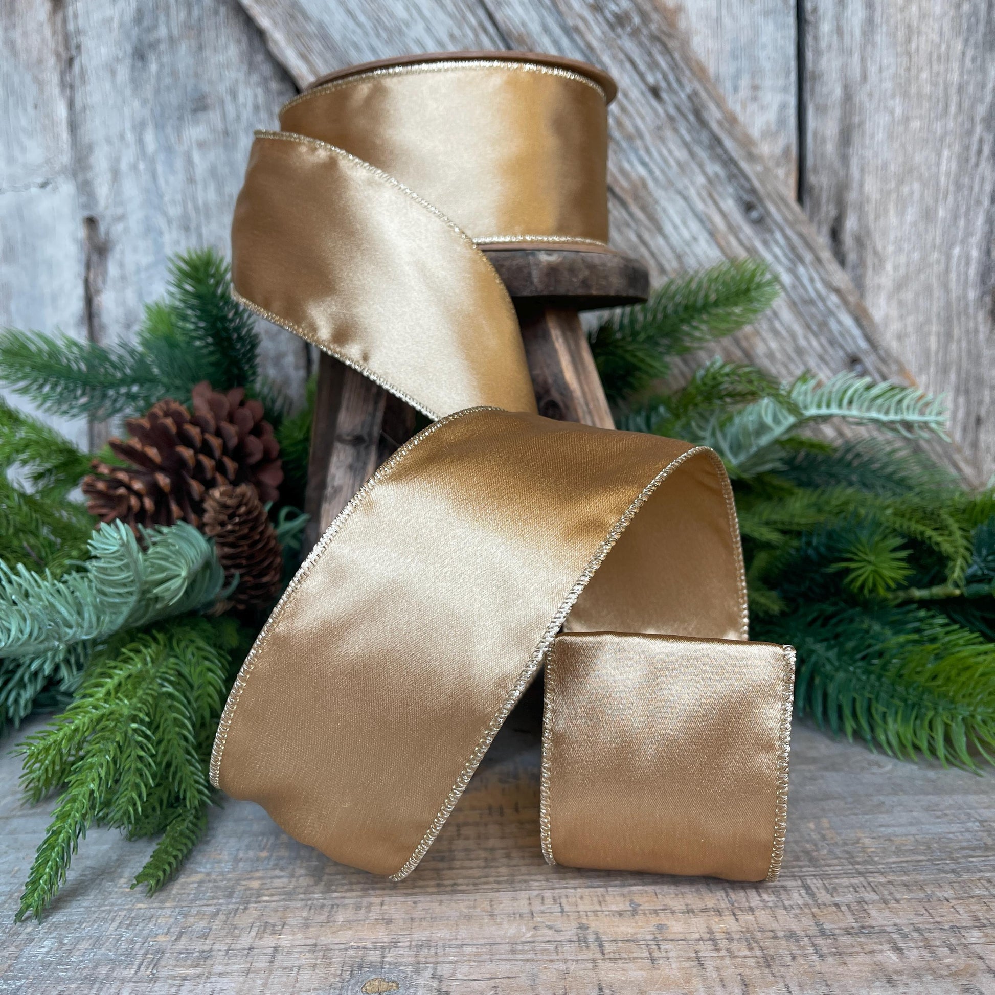2.5" Gold Satin Ribbon, Christmas Ribbon, Shimmer Satin Ribbon, Wired Ribbon, Gold Ribbon