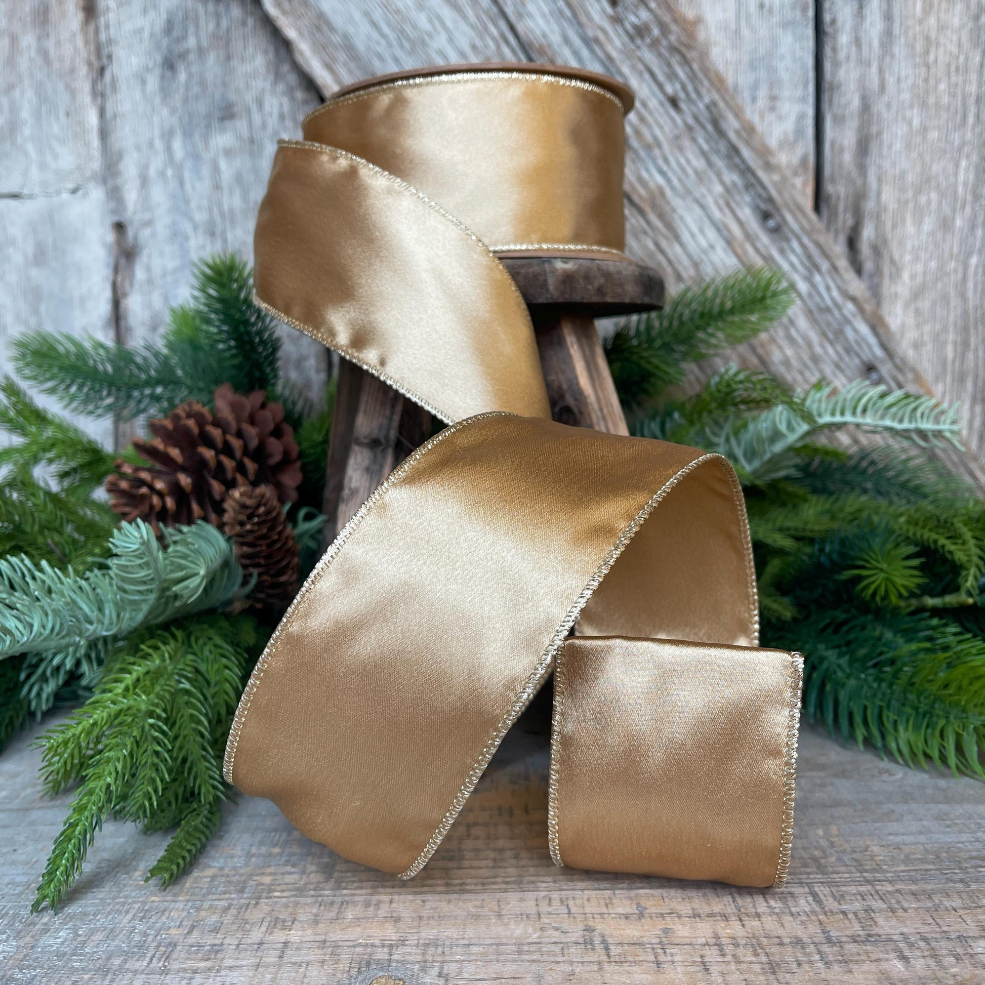 2.5" Gold Satin Ribbon, Christmas Ribbon, Shimmer Satin Ribbon, Wired Ribbon, Gold Ribbon