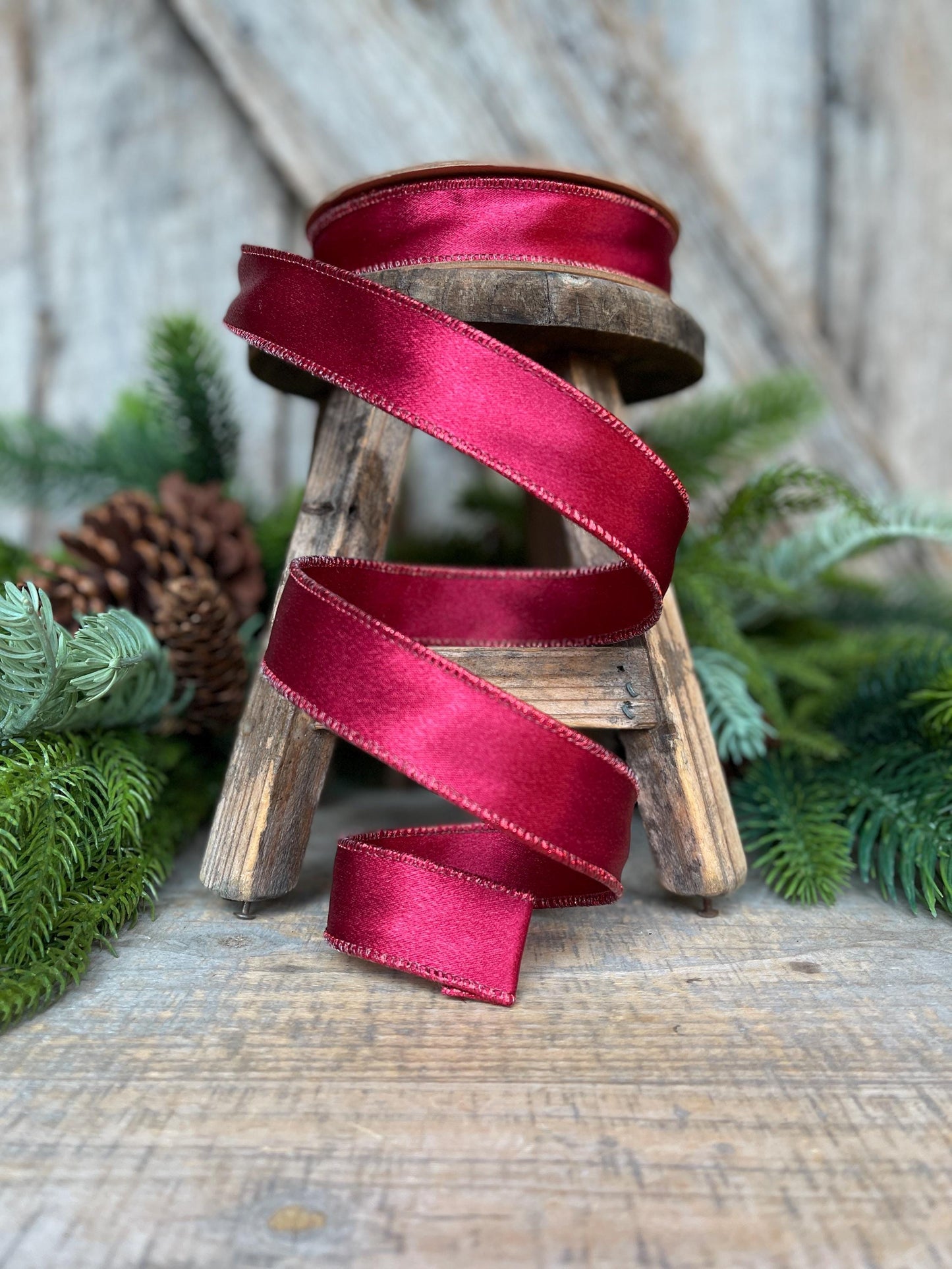 1" Wine Burgundy Satin Ribbon, Christmas Ribbon, Shimmer Satin Ribbon, Wired Ribbon, Maroon Ribbon