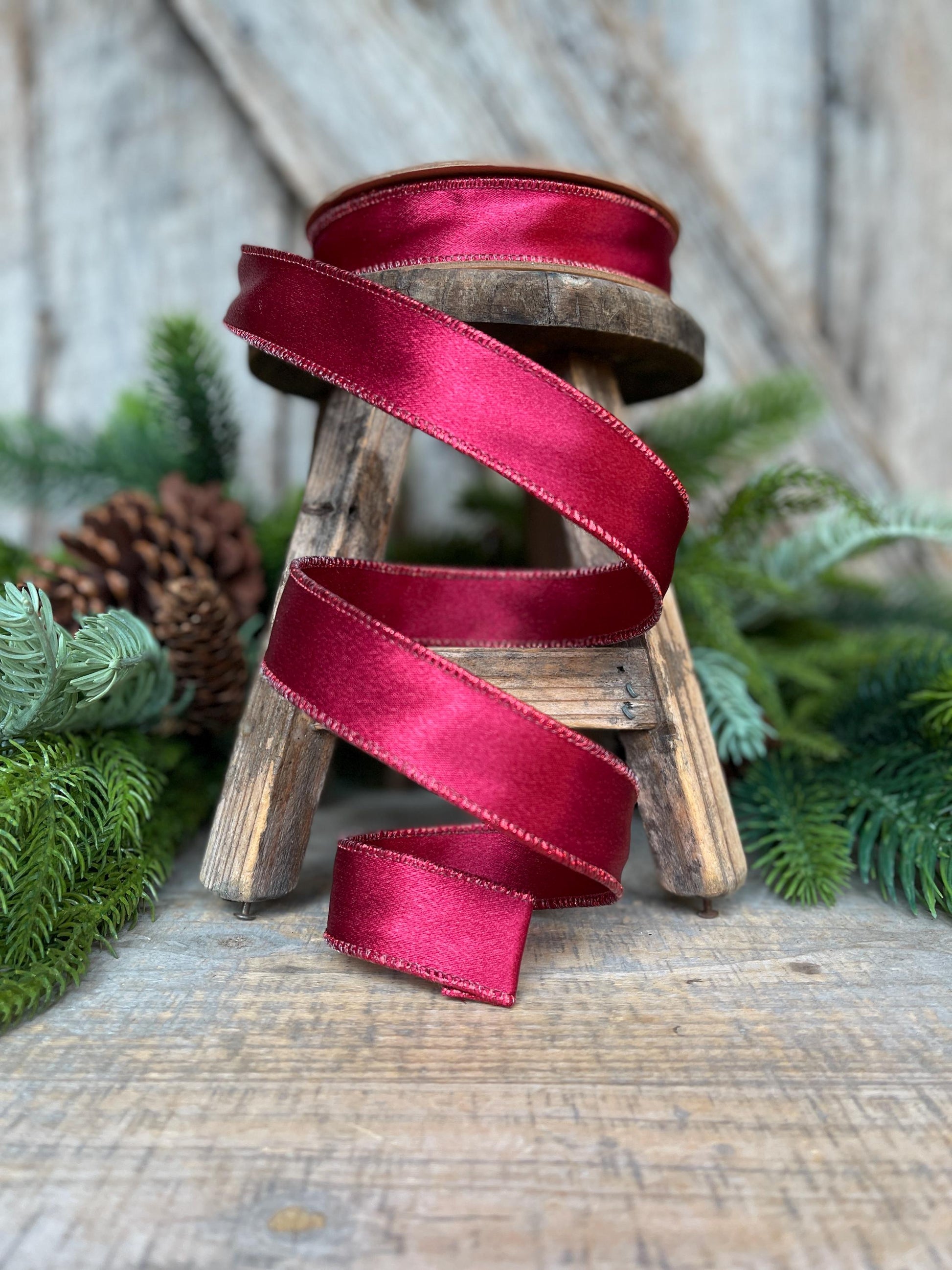 1" Wine Burgundy Satin Ribbon, Christmas Ribbon, Shimmer Satin Ribbon, Wired Ribbon, Maroon Ribbon
