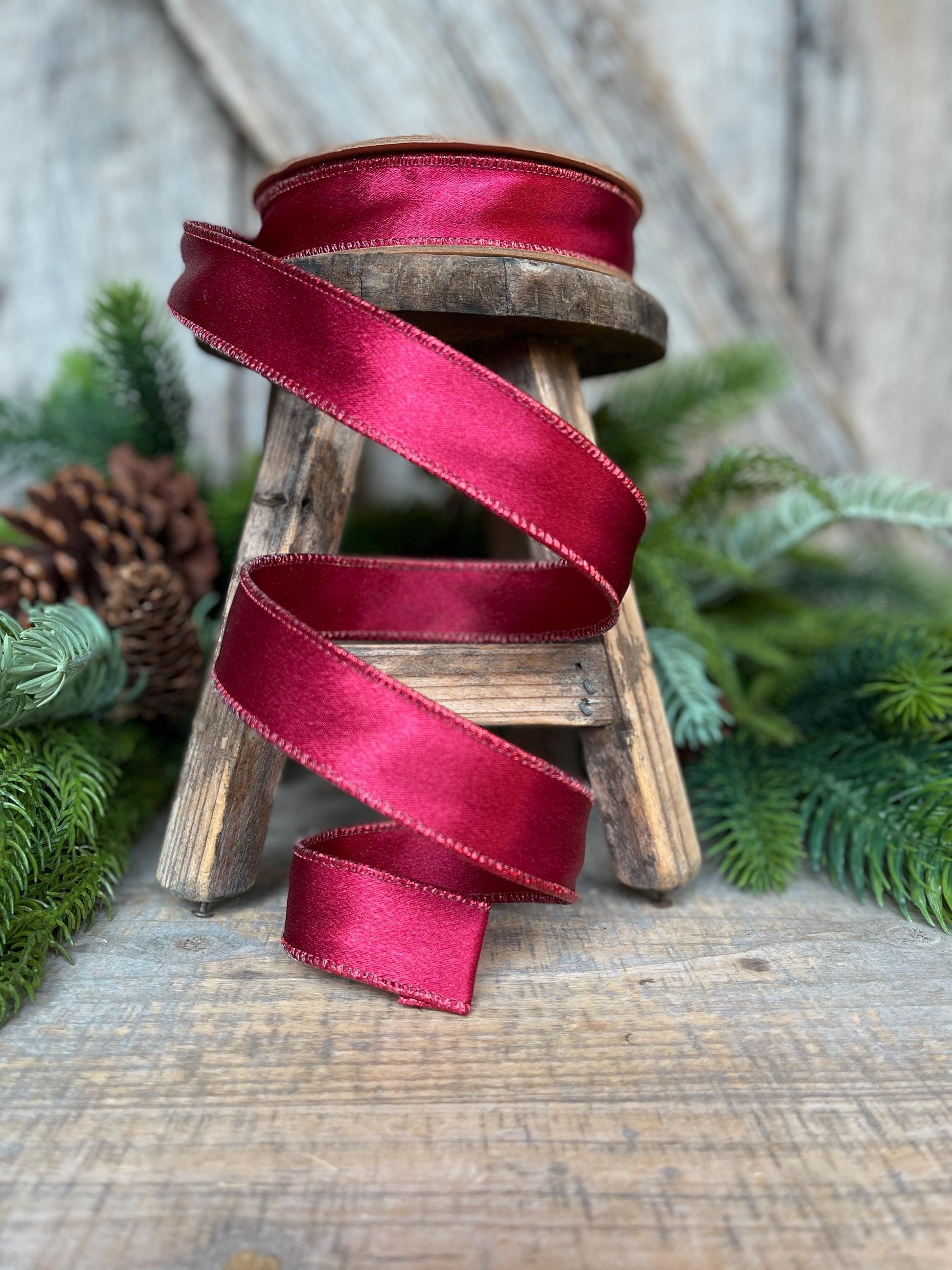 1" Wine Burgundy Satin Ribbon, Christmas Ribbon, Shimmer Satin Ribbon, Wired Ribbon, Maroon Ribbon