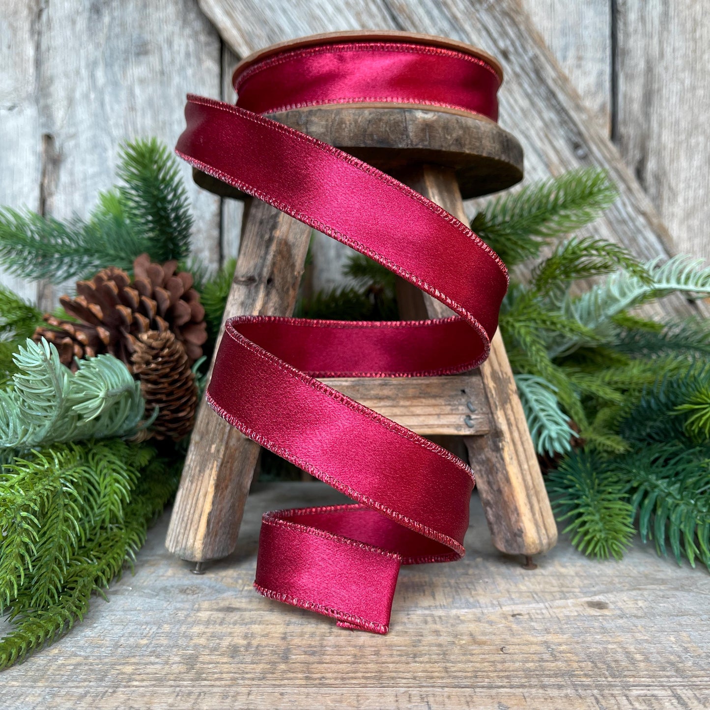 1" Wine Burgundy Satin Ribbon, Christmas Ribbon, Shimmer Satin Ribbon, Wired Ribbon, Maroon Ribbon