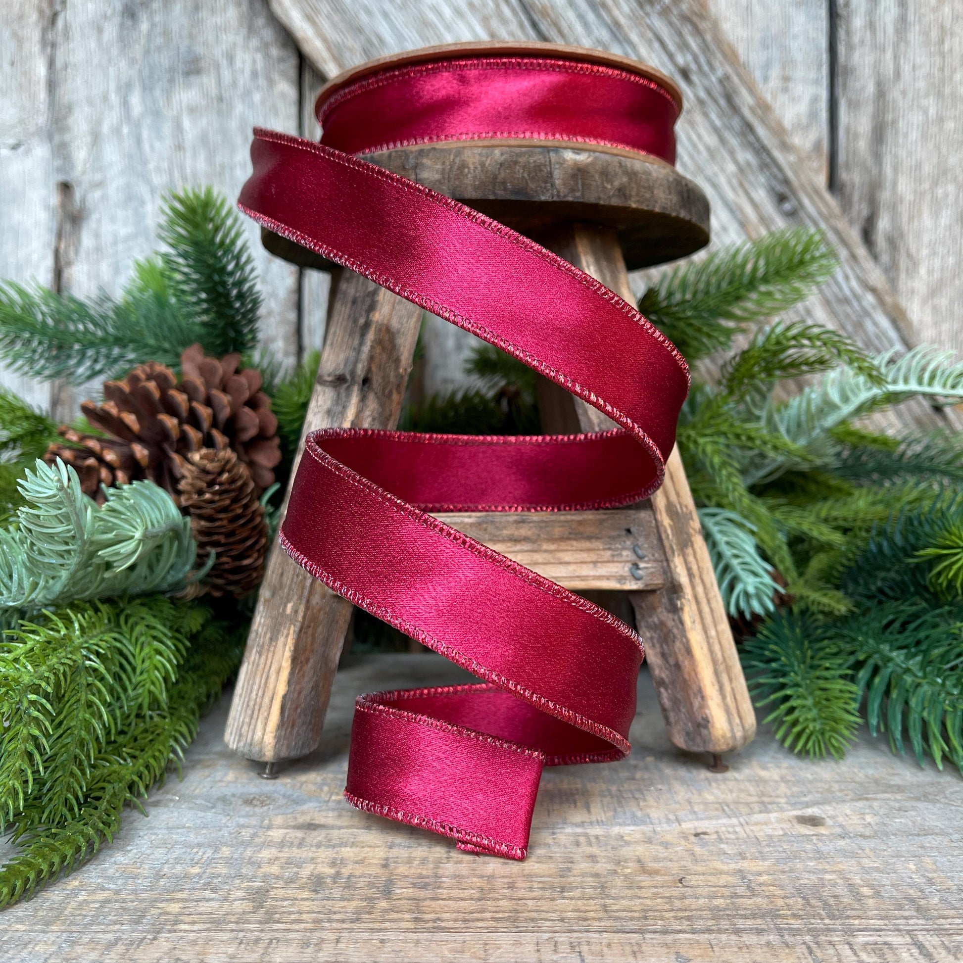 1" Wine Burgundy Satin Ribbon, Christmas Ribbon, Shimmer Satin Ribbon, Wired Ribbon, Maroon Ribbon