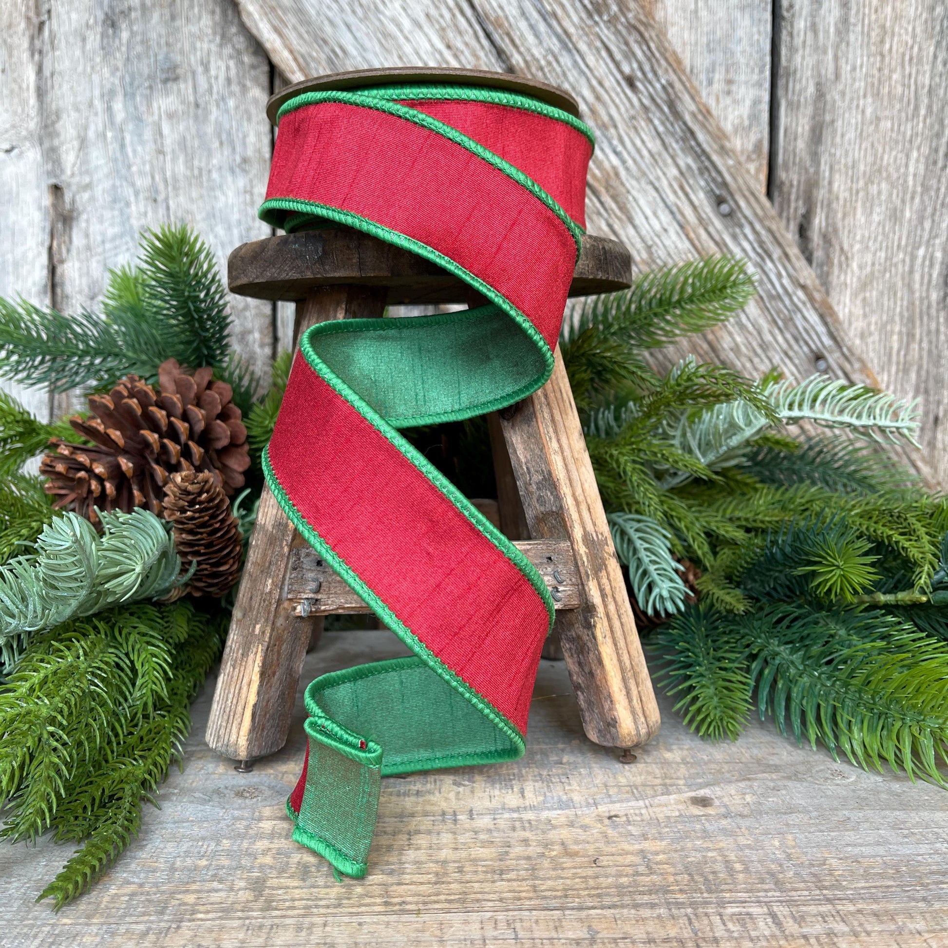 1.5" Red Green Dupion Ribbon, Christmas Ribbon, Double Sided Ribbon, Christmas Tree Ribbon