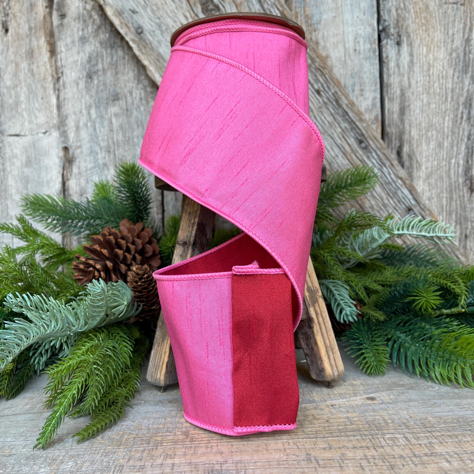 4" Pink & Red Ribbon, Doublesided ribbon, Christmas Ribbon, Bubblegum Pink Ribbon, Wired RIbbon, Designer Ribbon
