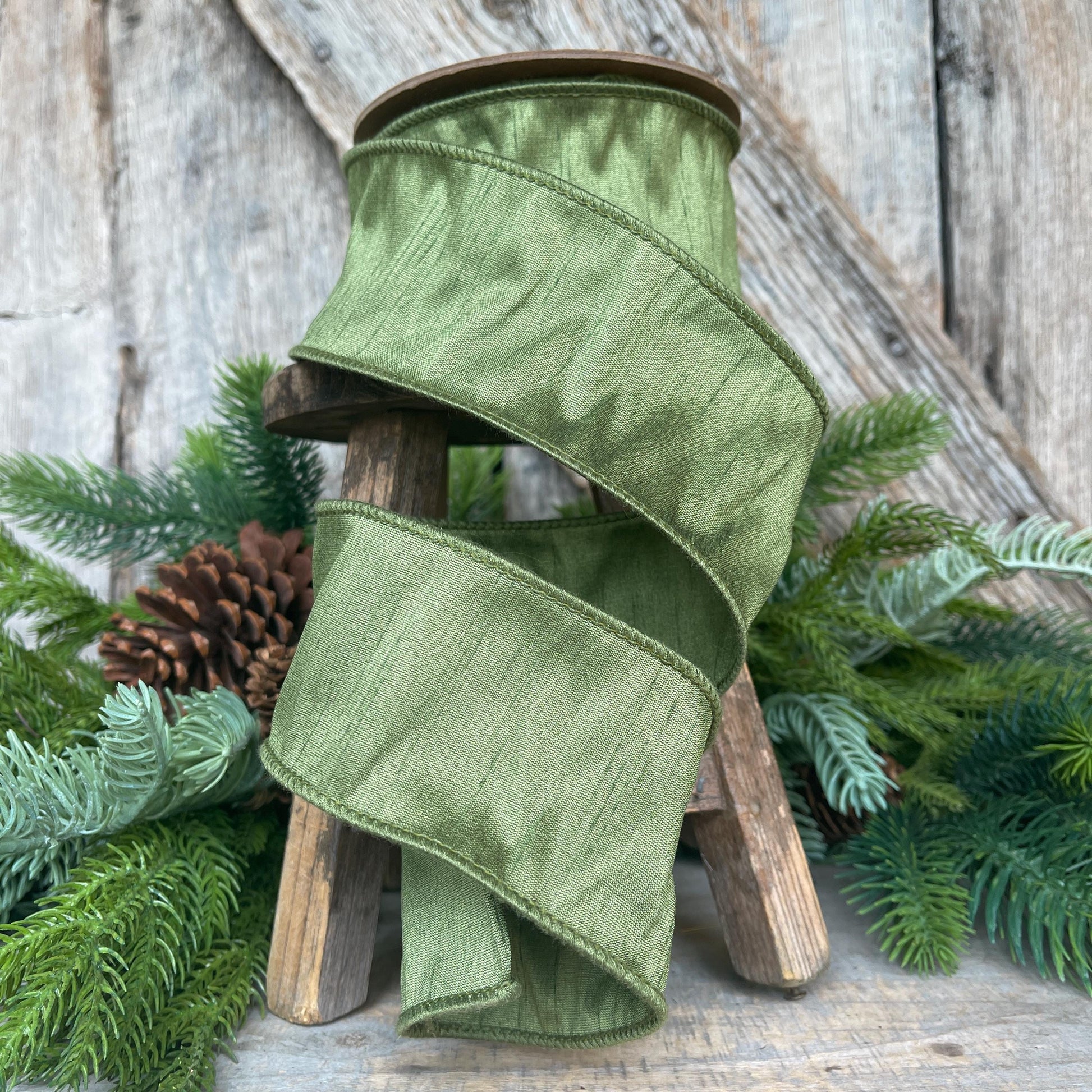 2.5" Dark Moss Green Ribbon, Wired RIbbon, Spring RIbbon, Olive Green RIbbon, Green Ribbon, Christmas Tree Ribbon, Dupioni Ribbon