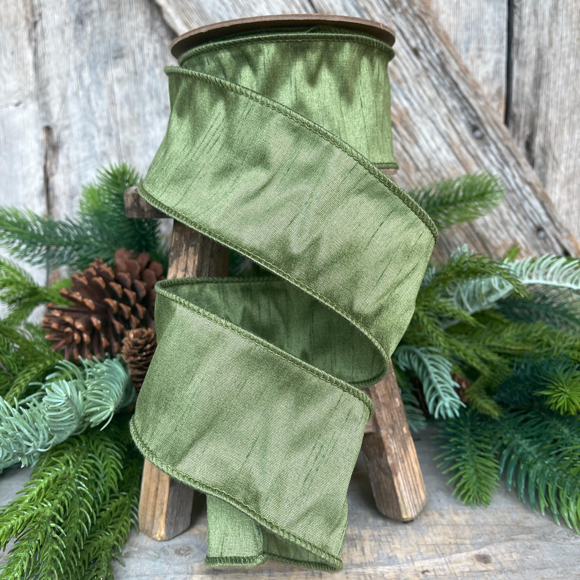 2.5" Dark Moss Green Ribbon, Wired RIbbon, Spring RIbbon, Olive Green RIbbon, Green Ribbon, Christmas Tree Ribbon, Dupioni Ribbon