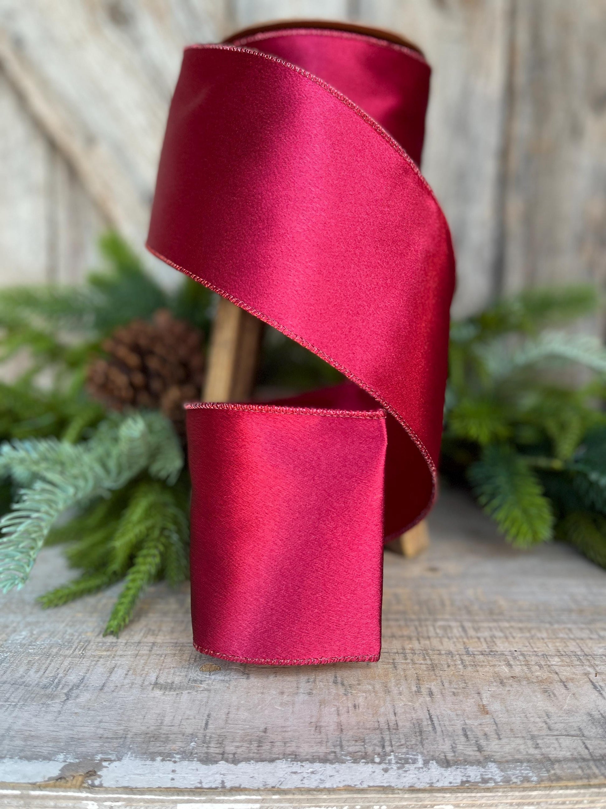 4" Wine Burgundy Satin Ribbon, Christmas Ribbon, Shimmer Satin Ribbon, Wired Ribbon, Maroon Ribbon