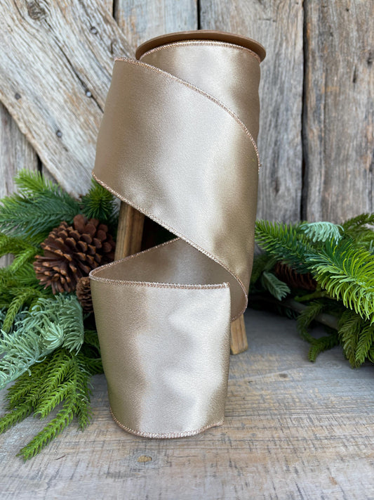 4" Champagne Gold Satin Ribbon, Christmas Ribbon, Shimmer Satin Ribbon, Wired Ribbon, Gold Ribbon