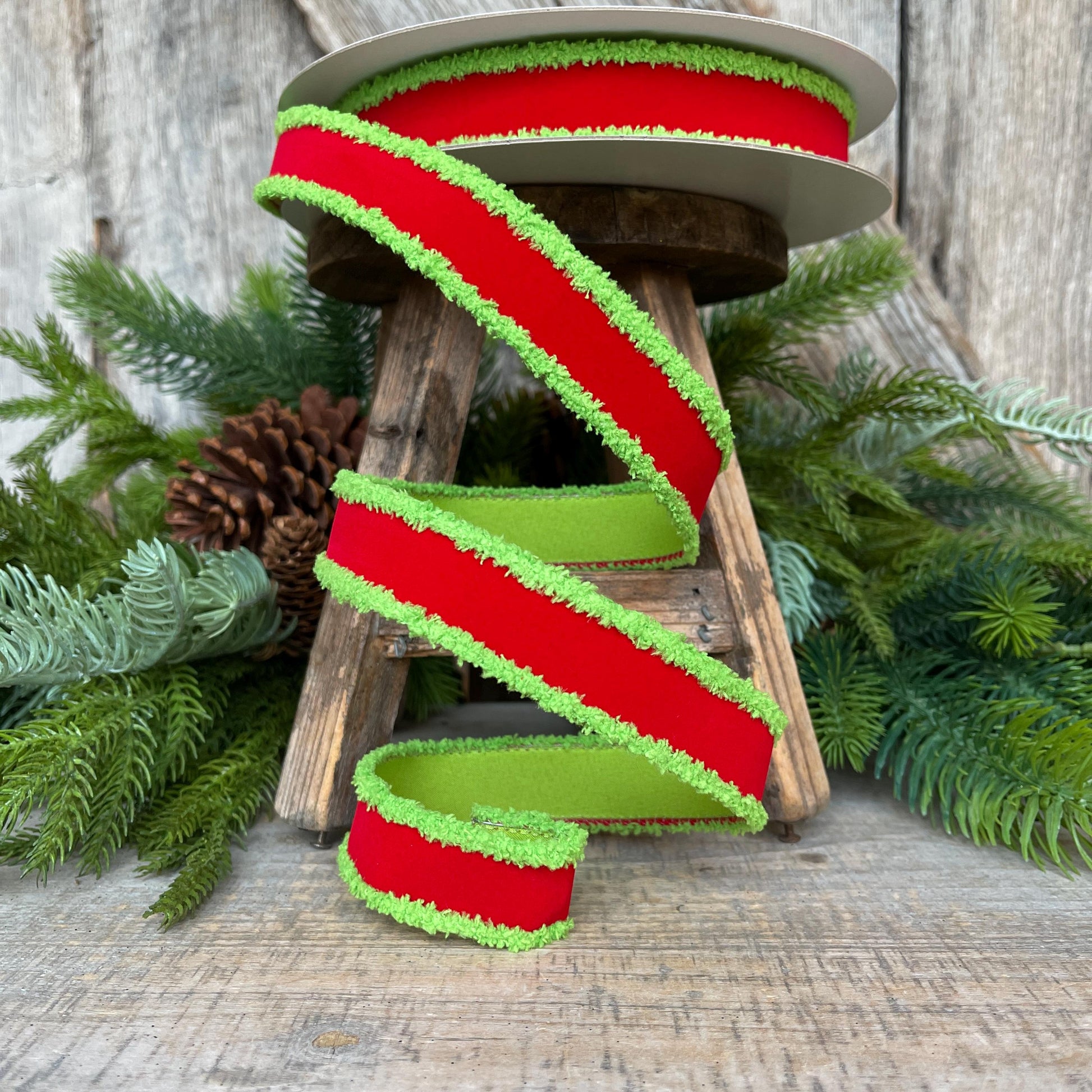1" Red Lime Green Ribbon, Farrisilk Ribbon, Scrooge Trim Ribbon, Wired Ribbon, Christmas Ribbon, Fuzzy Edge Ribbon, RS221-47