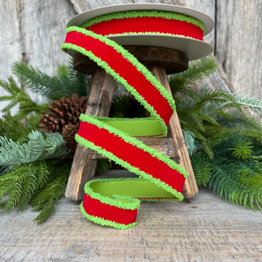 1" Red Lime Green Ribbon, Farrisilk Ribbon, Scrooge Trim Ribbon, Wired Ribbon, Christmas Ribbon, Fuzzy Edge Ribbon, RS221-47