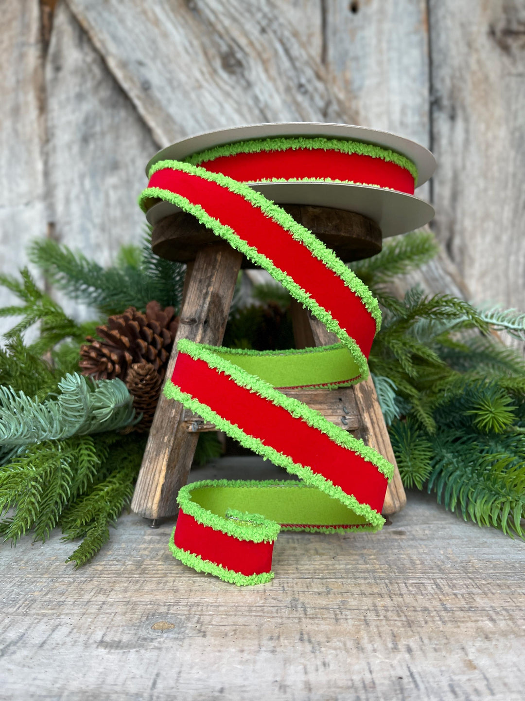 1" Red Lime Green Ribbon, Farrisilk Ribbon, Scrooge Trim Ribbon