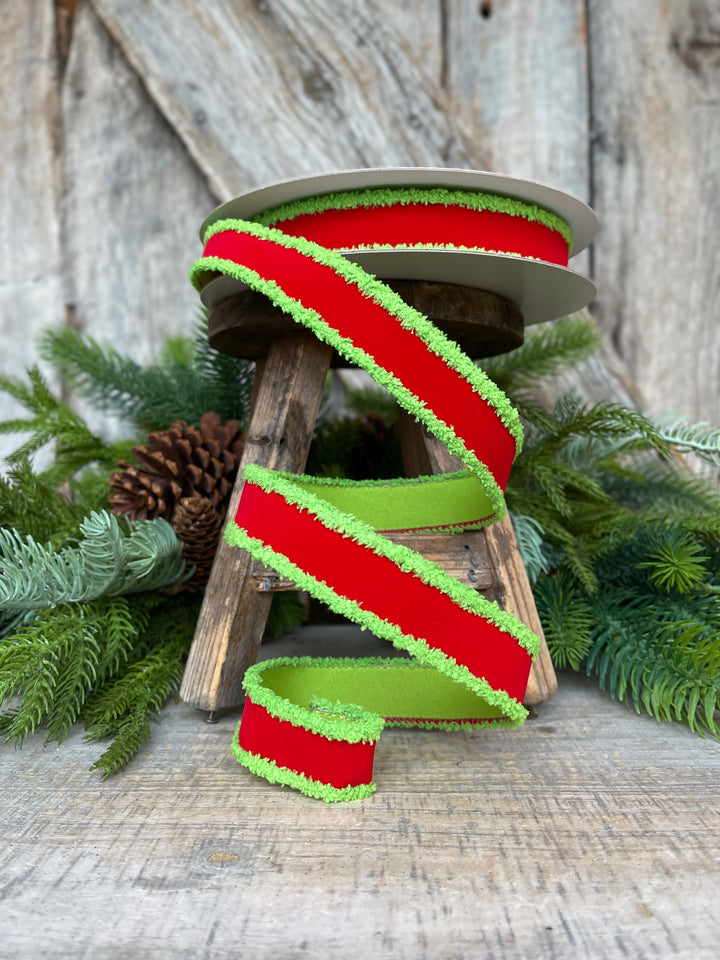 1" Red Lime Green Ribbon, Farrisilk Ribbon, Scrooge Trim Ribbon