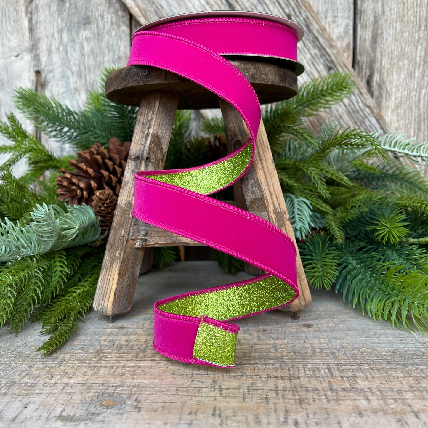 1" Hot Pink Lime Green Ribbon, Farrisilk Ribbon, Hot Pink Ribbon