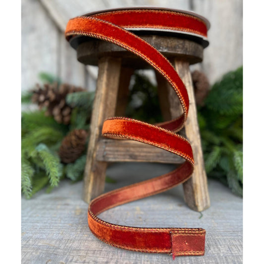 3/4" Cinammon Velvet Ribbon, Farrisilk Ribbon, Fall Ribbon, Christmas Ribbon, Velvet Ribbon, Wired Ribbon, Orange Cinammon Ribbon, RV000-34