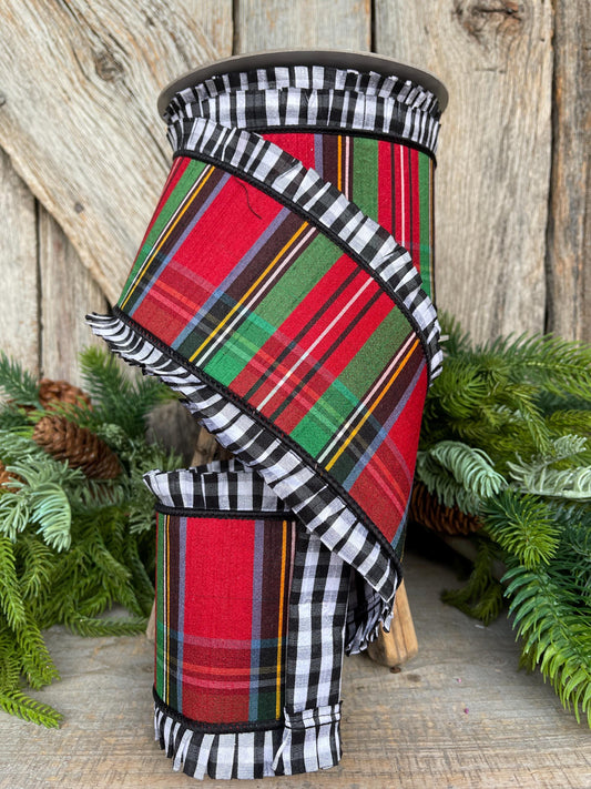 4" Tartan Plaid Ribbon, Farrisilk Ribbon, Anglsey Abbey Ribbon, Ruffle Edge Ribbon, Traditional Plaid Ribbon, Christmas Plaid, RK855-32