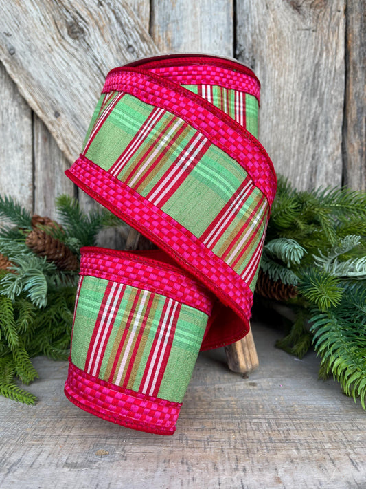 4" Kitschy Plaid Ribbon, Farrisilk Ribbon, Green Pink Red Plaid Ribbon, Bright Christmas Ribbon, Wired Plaid Ribbon, RK850-61