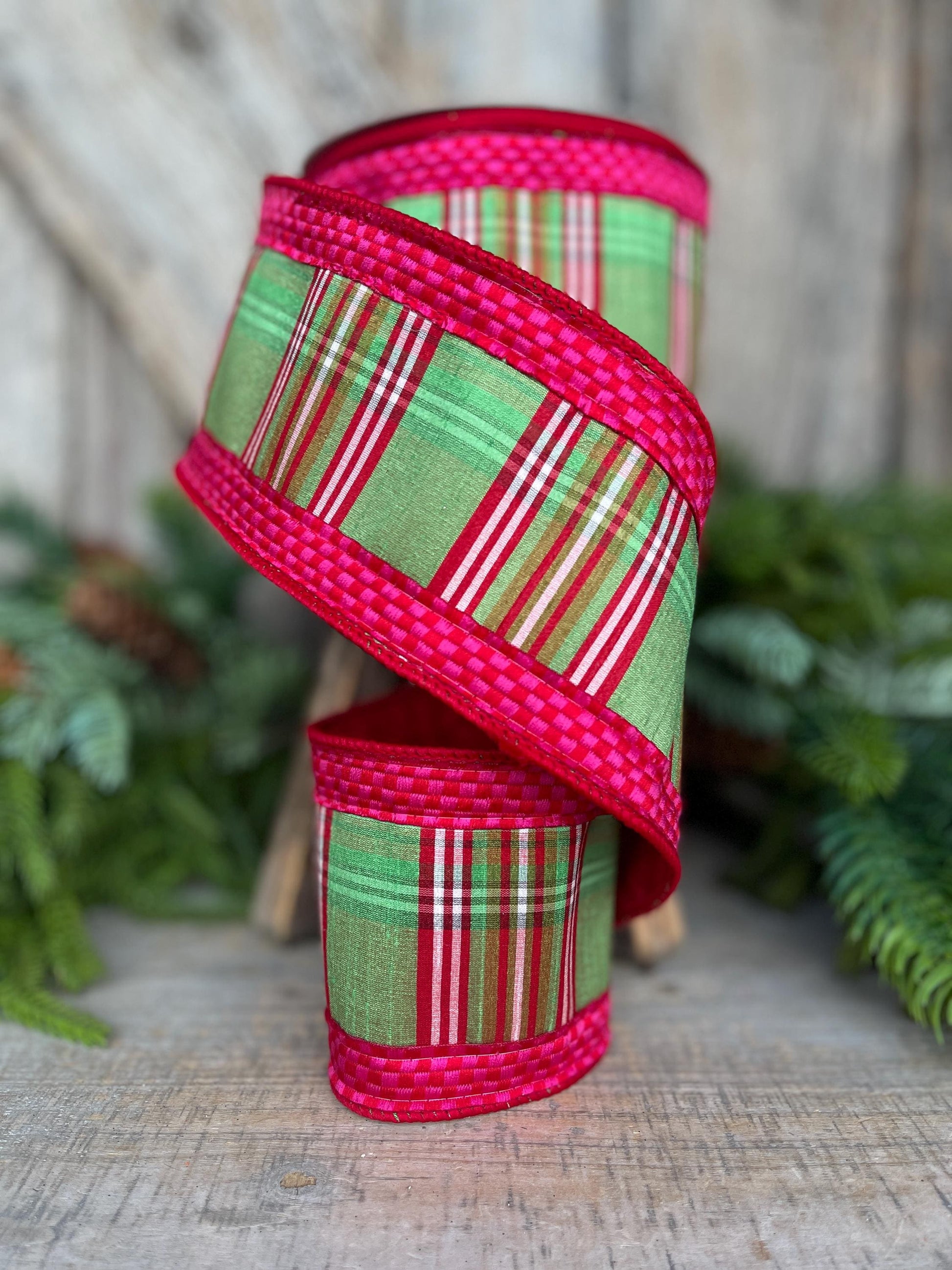 4" Kitschy Plaid Ribbon, Farrisilk Ribbon, Green Pink Red Plaid Ribbon