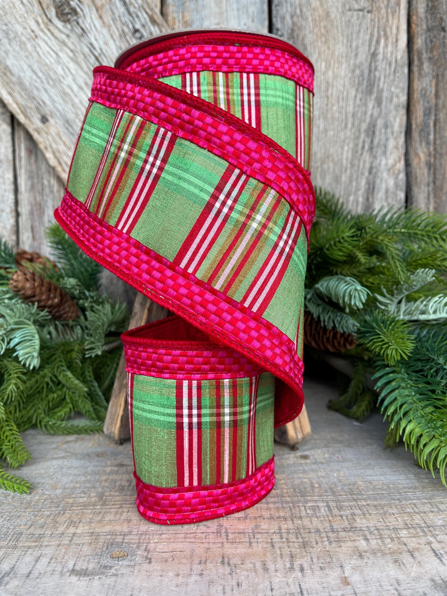 4" Kitschy Plaid Ribbon, Farrisilk Ribbon, Green Pink Red Plaid Ribbon