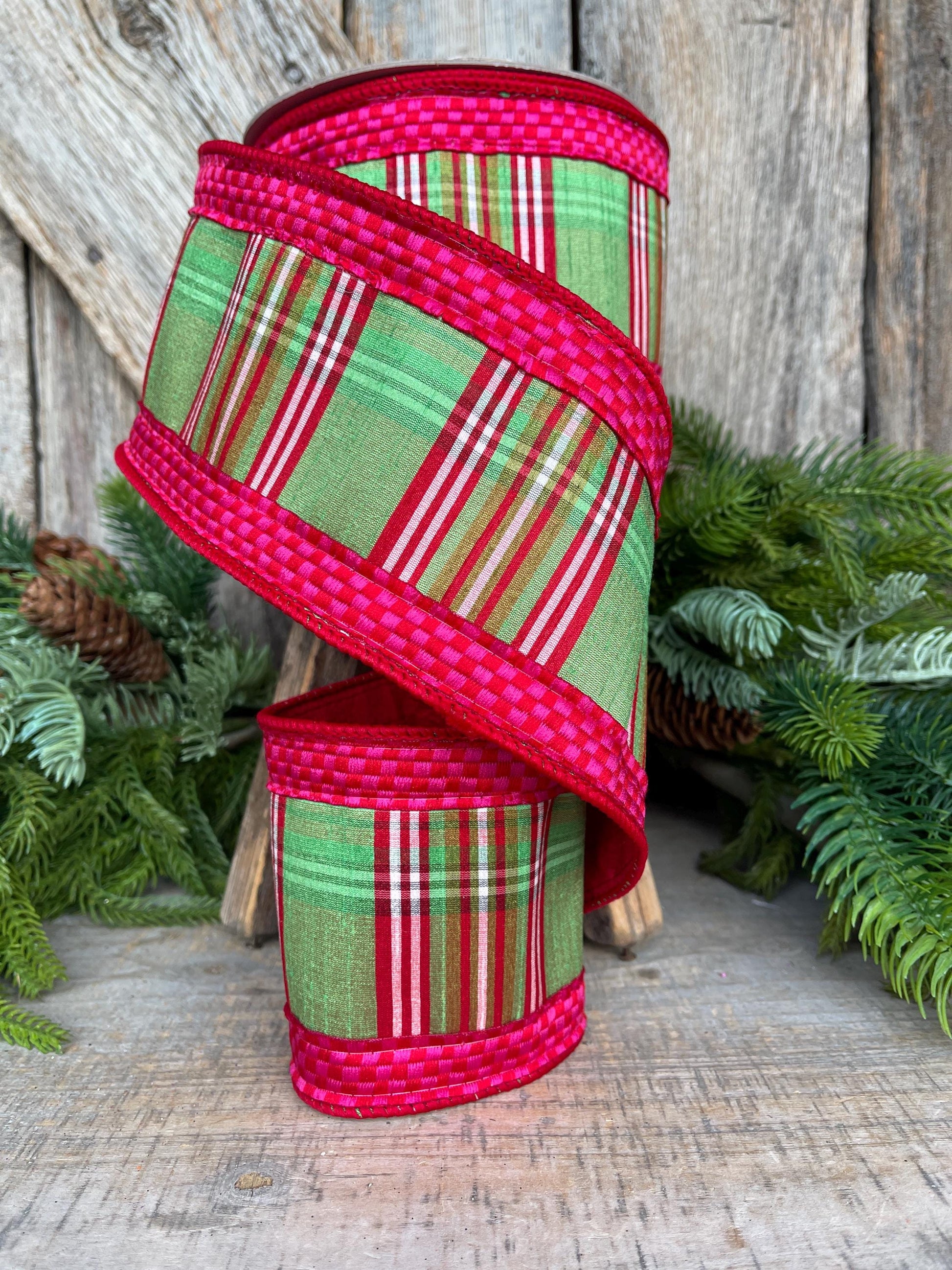 4" Kitschy Plaid Ribbon, Farrisilk Ribbon, Green Pink Red Plaid Ribbon