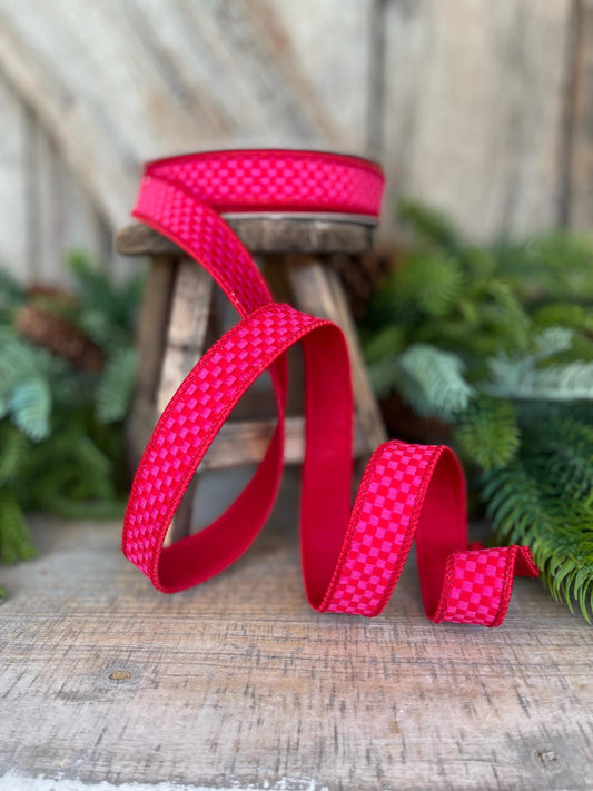 1" Hot Pink Red Ribbon, Farrisilk Ribbon, Kitschy Checks Ribbon, Wired Ribbon, Pink Red Christmas Ribbon, RK848-15