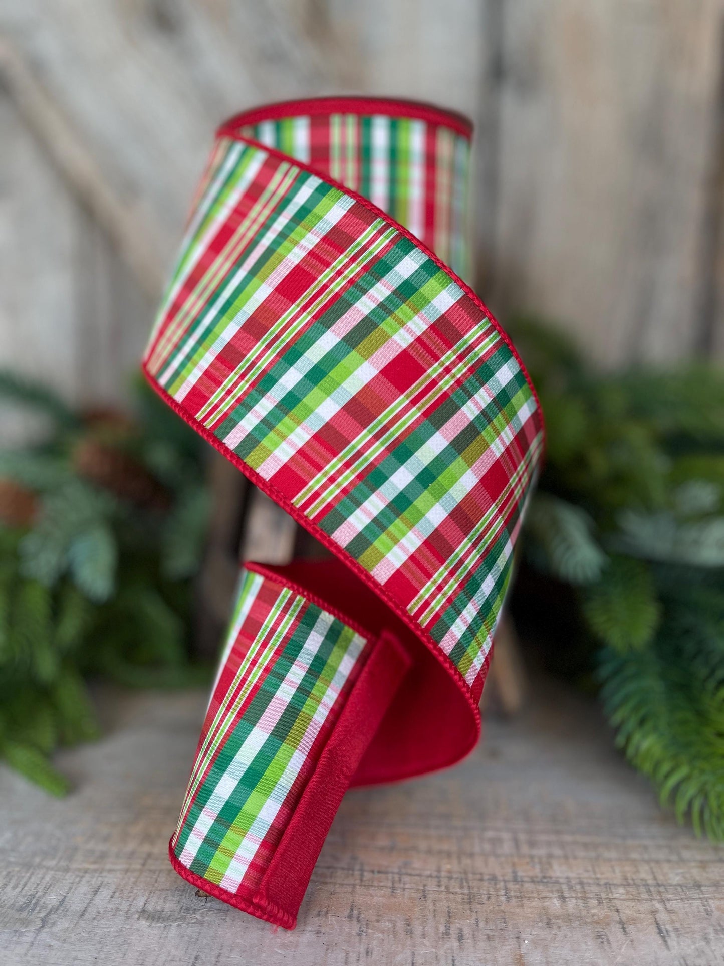 4" Jolly Plaid Ribbon, Farrisilk Ribbon, Red Green Plaid Ribbon
