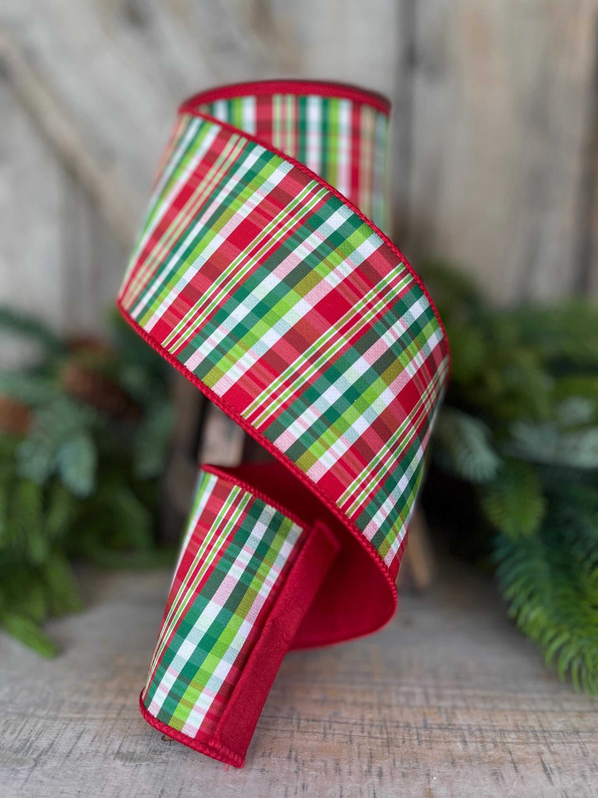 4" Jolly Plaid Ribbon, Farrisilk Ribbon, Red Green Plaid Ribbon