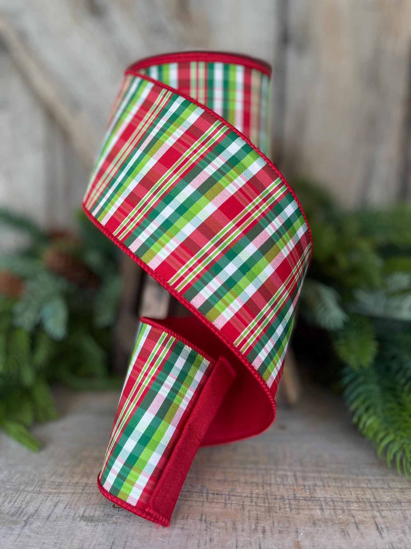 4" Jolly Plaid Ribbon, Farrisilk Ribbon, Red Green Plaid Ribbon