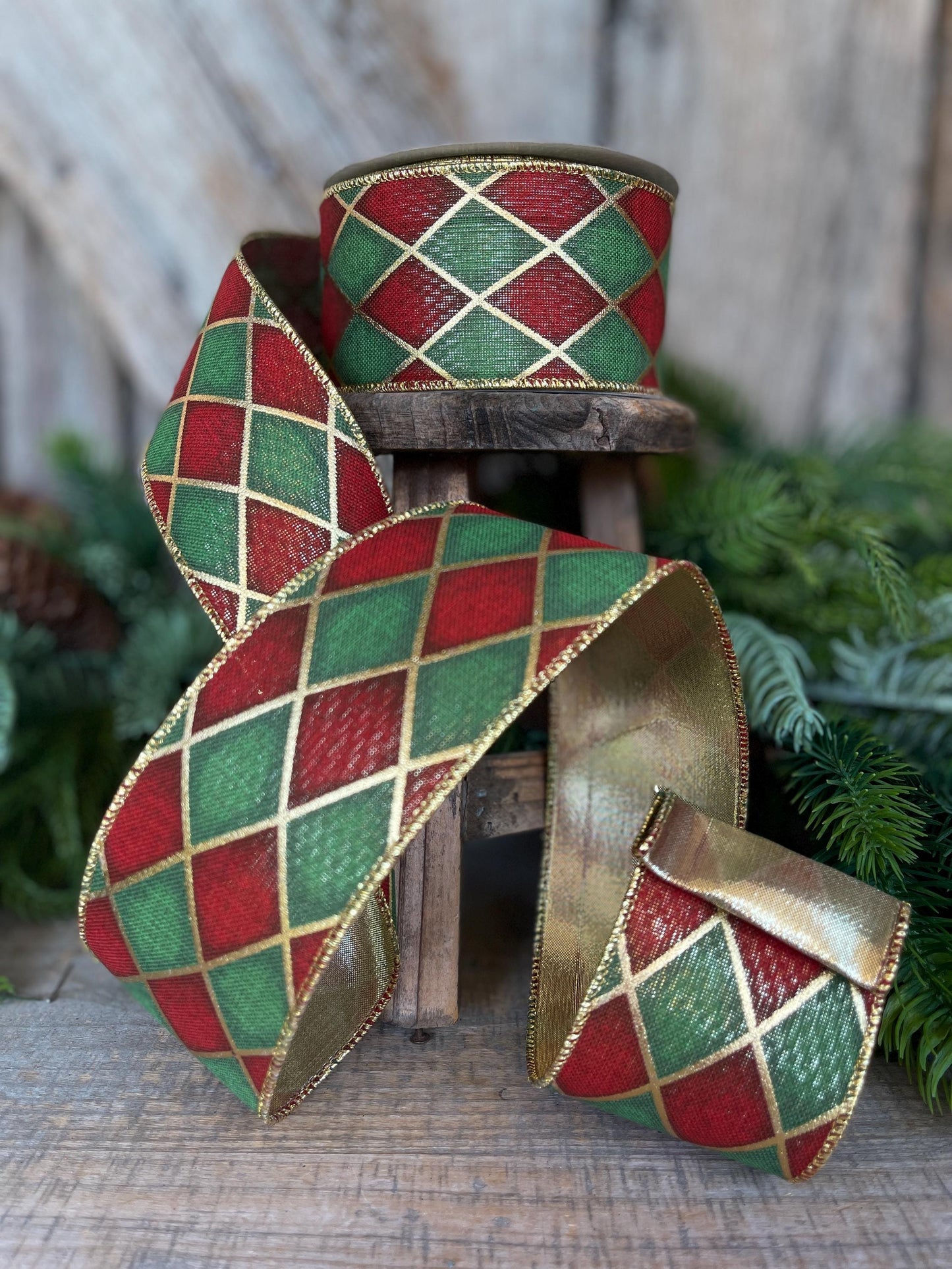 2.5" Red Green Antique Diamonds Ribbon, Farrisilk Ribbon, Harlequin Ribbon