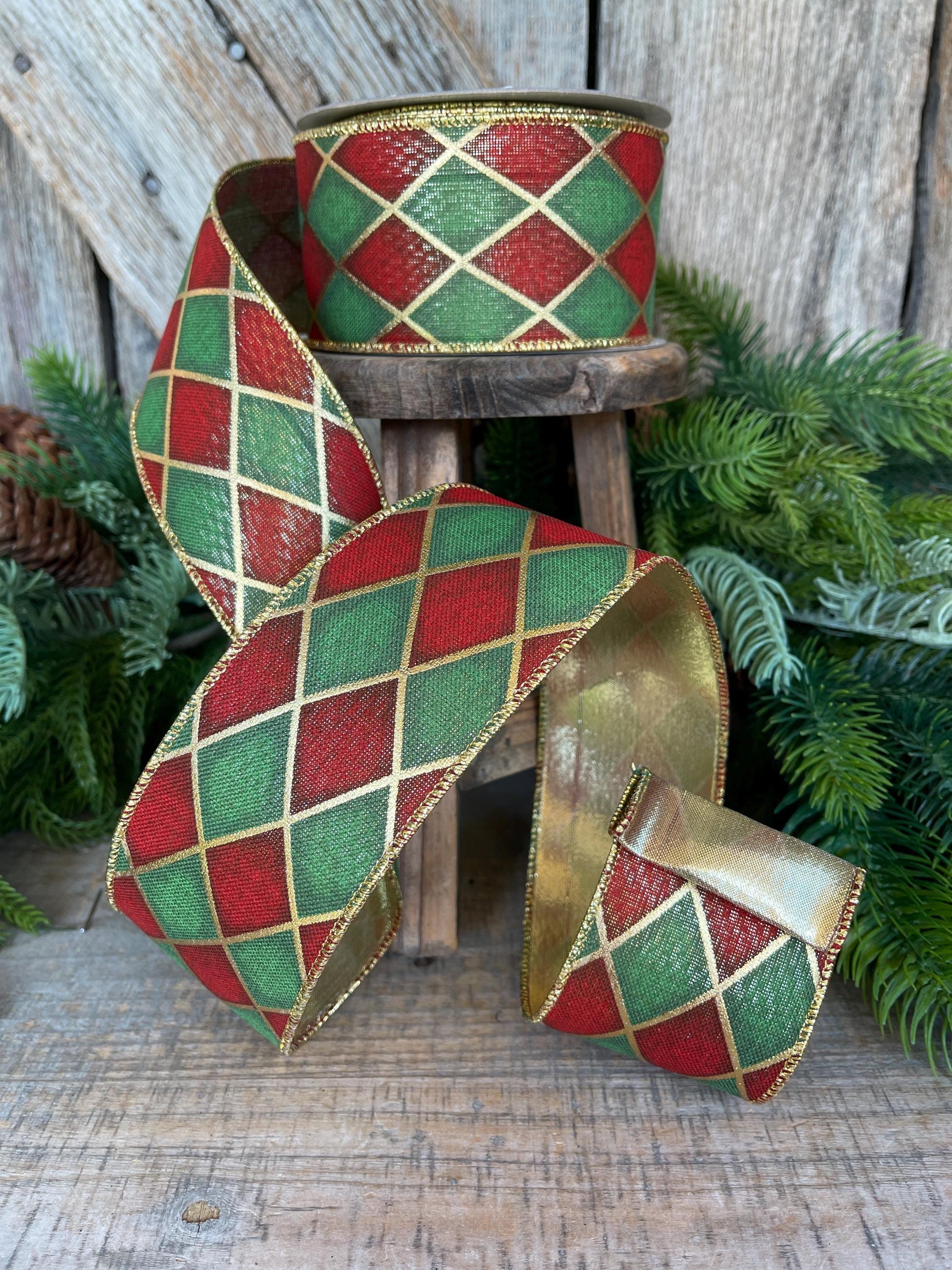 2.5" Red Green Antique Diamonds Ribbon, Farrisilk Ribbon, Harlequin Ribbon