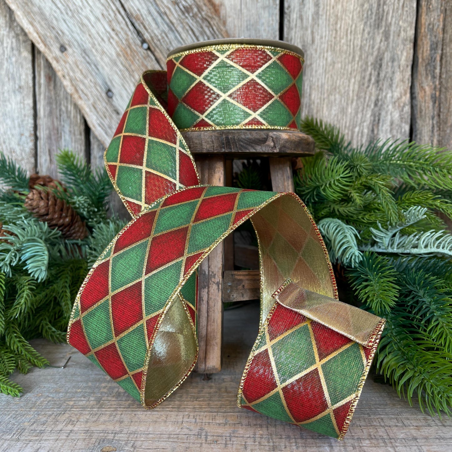 2.5" Red Green Antique Diamonds Ribbon, Farrisilk Ribbon, Harlequin Ribbon