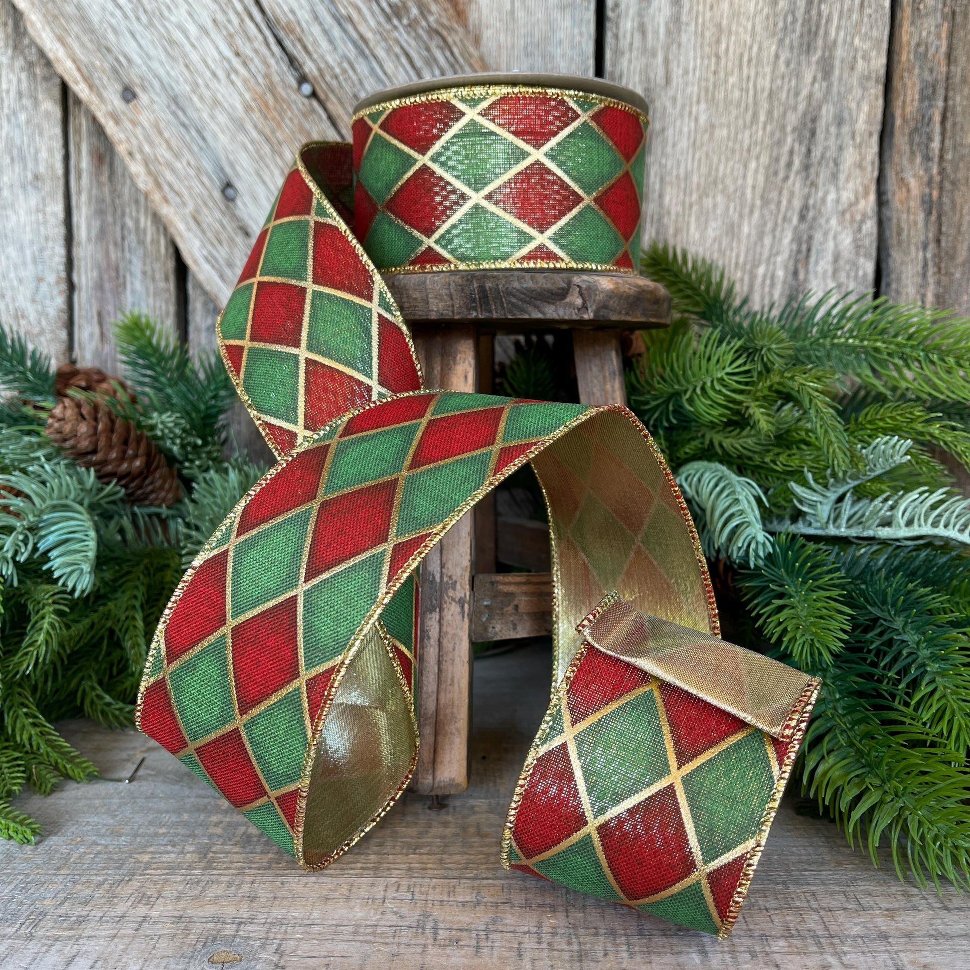 2.5" Red Green Antique Diamonds Ribbon, Farrisilk Ribbon, Harlequin Ribbon