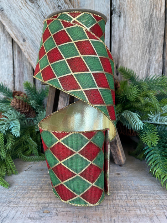 4" Red Green Antique Diamonds Ribbon, Farrisilk Ribbon, Harlequin Ribbon, Christmas Ribbon, Wired RIbbon, Designer Ribbon, RA239-47