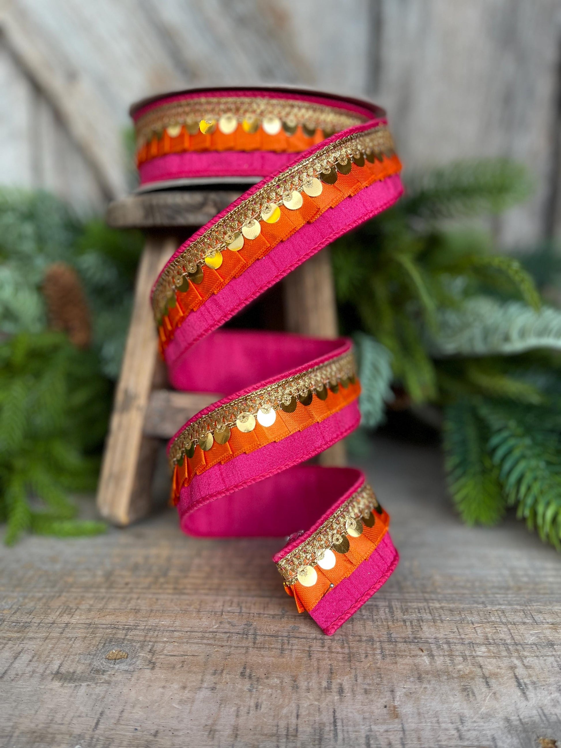 1" Pink Orange Festive Frills, Farrisilk RIbbon, Pink Orange Gold RIbbon