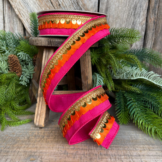 1" Pink Orange Festive Frills, Farrisilk RIbbon, Pink Orange Gold RIbbon, Christmas Ribbon, Hot Pink Ribbon, Designer Ribbon, RK783-52